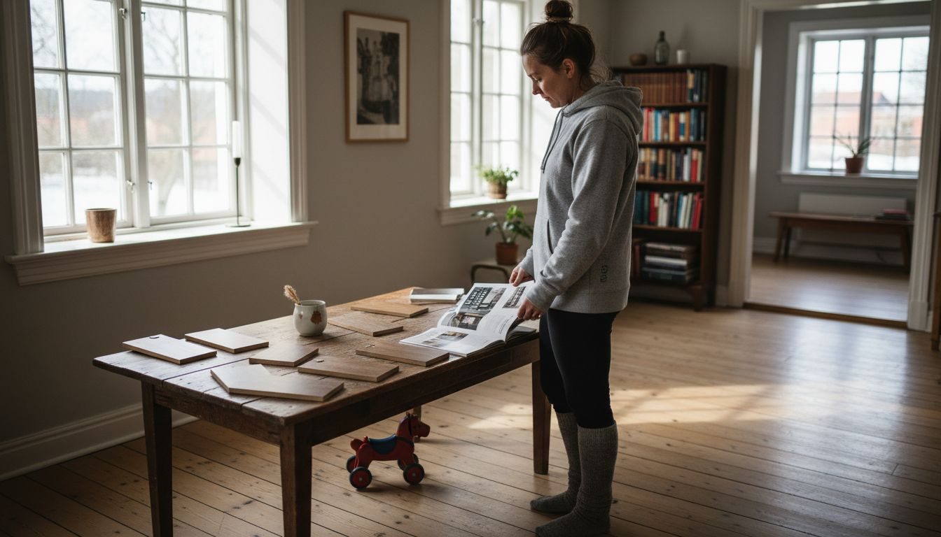 Kvinne vurderer ulike gulvtyper og gulvprøver for å finne riktig gulv til hjemmet