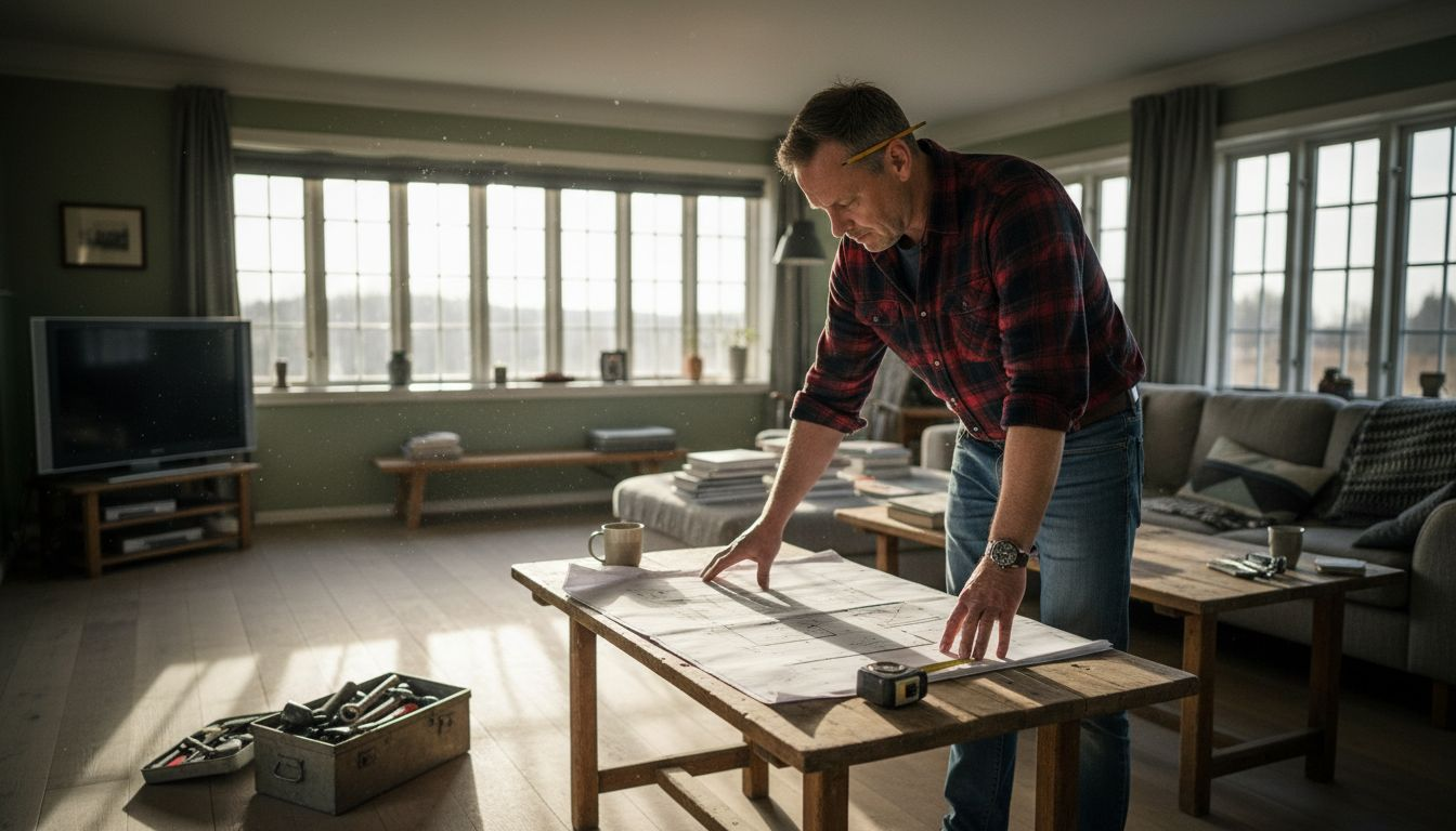 Snekker som planlegger oppussing og gjennomgår byggetegninger i bolig